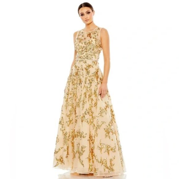 NWT | Mac‎ Duggal 10953 Nude Gold Embellished Beaded Jewel Neckline Gown 8 $1200 - Picture 1 of 8